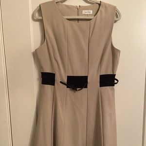 Calvin Klein dress tan with graphic black /white lines and built in belt Size 12